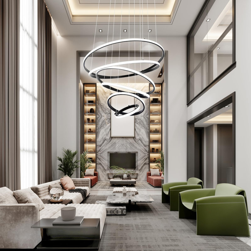  6 Ring Chandelier for High Ceiling with Remote Control, Black LED Chandelier Brightness & Colour Temperature Adjustment, Big Modern Entryway Chandelier for Foyer,Staircase, Living Room