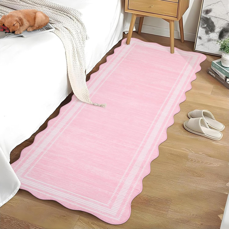 Tapis lavable moderne festonné pour salon, chambre à coucher, bureau, Rose, Tapis de couloir 2 pi x 6 pi