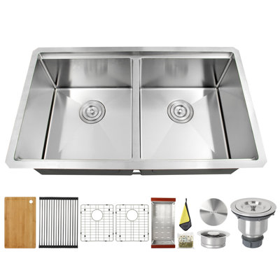 32'' Double Bowl Stainless Steel Undermount Workstation Kitchen Sink