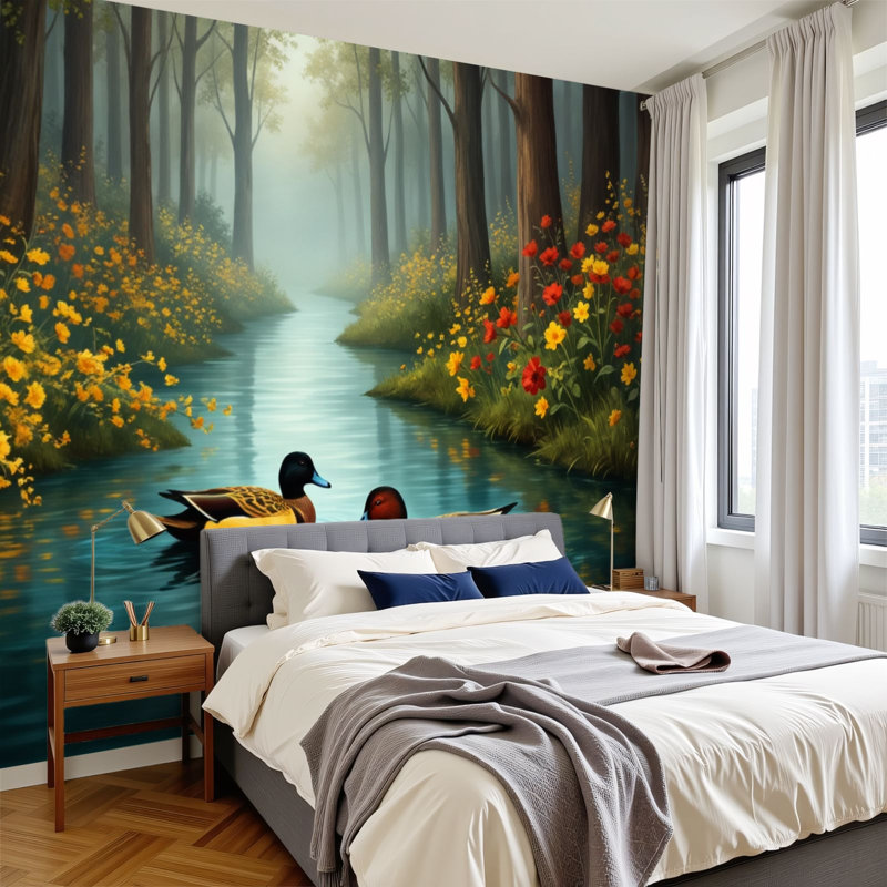Papier peint adhésif pelucheux Serene Forest Pond, L 144 po x l 100 po
