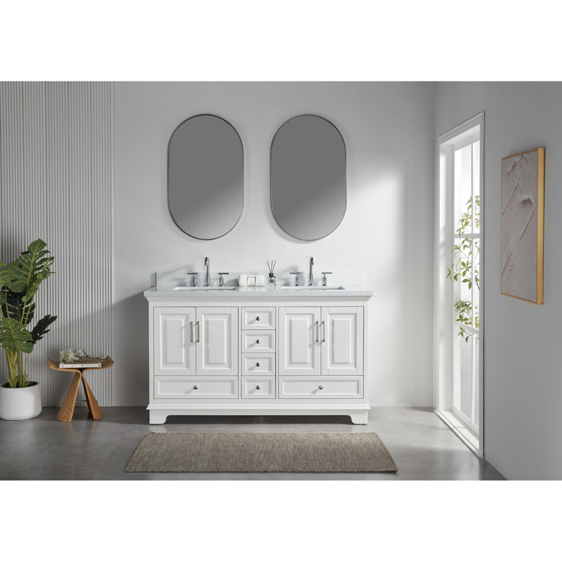 Meuble-lavabo double en bois massif de qualité supérieure avec lavabo en marbre, blanc moderne