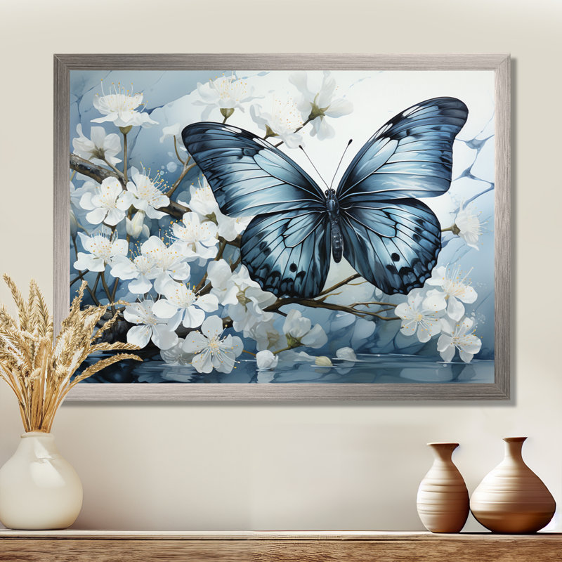 Bertena, bleu, blanc, papillon, reflet - art mural papillon, H 34 po x l 44 po, Cadre photo unique, Doré