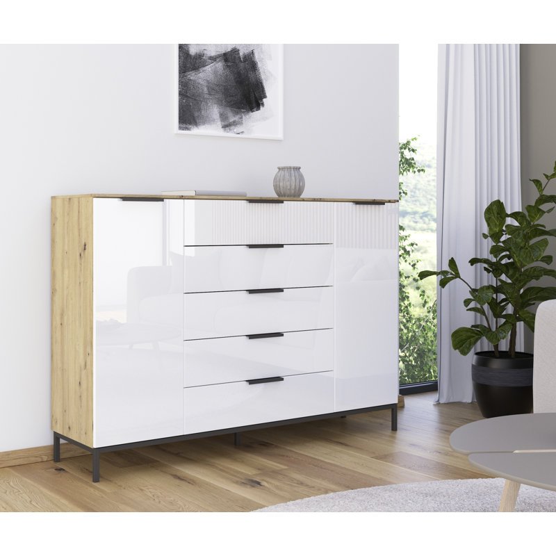 5 - Drawer Chest of Drawers, Oak/White Glass/Graphite