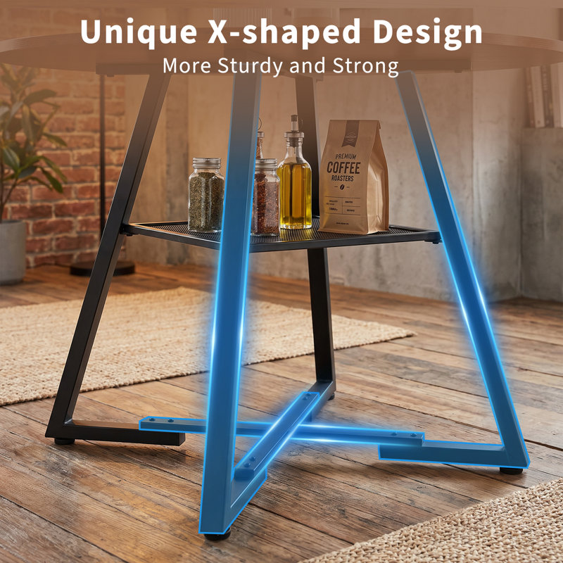 Industrial Round Dining Table with Cross Legs for 4 People, Fixed Kitchen Table with Mesh Storage Shelf, Small Space Round Dining Table