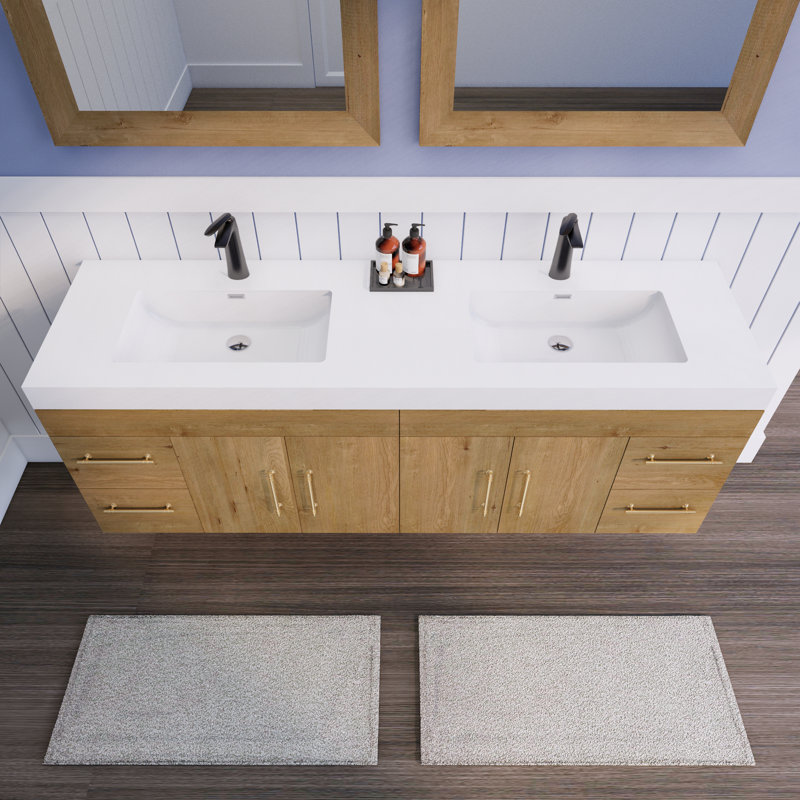 Meuble-lavabo double avec plateau en acrylique Amirea, Chêne et teck