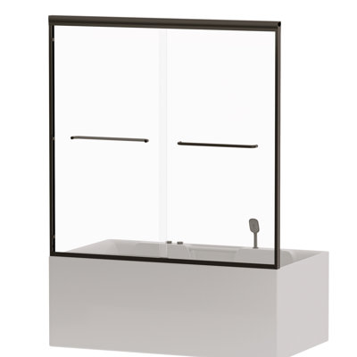 Double Sliding Bathtub Shower Door With 56" - 60" Adjustable Width, Semi Design, 6Mm Tempered Glass Proof Film, Matte Black Aluminum Alloy Frame, 20 1/2" Stainless Steel Handle, Reversible For Left