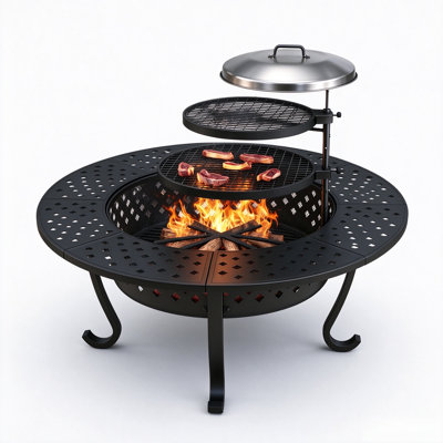 Métal 48 po Table de foyer en bois avec 2 grils et couvercle réglable 360 grils - feu de jardin pour patio