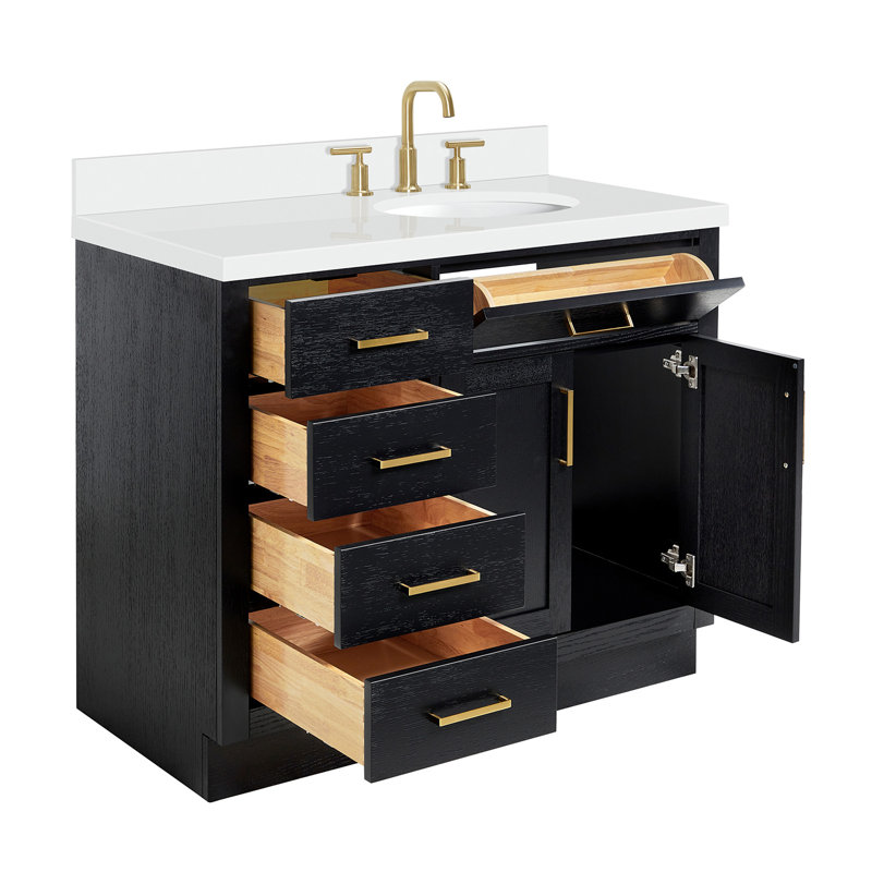 Meuble-lavabo simple en bois massif 42 po Tidworth avec plateau en quartz blanc 1,5 po, Oui, Ovale, Chêne noir