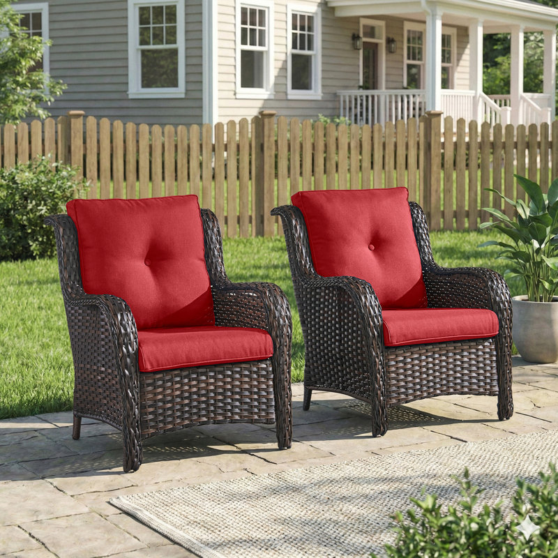 Ensemble de 2 chaises de patio en osier avec dossier haut, siège en rotin PE toutes saisons pour terrasse, Brun, Rouge