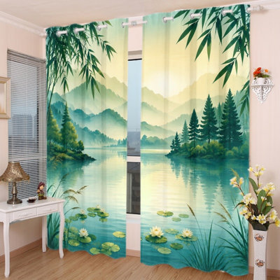 2PCS Grommet Top Blackout Window Curtains, Misty Mountain Bamboo Forest Serene Lake Landscape Printed Drapes, Thermal Insulated, Noise Reducing, Privacy Protection, Room Darkening Window Coverings for Bedroom Living Kitchen Indoor Home Decor
