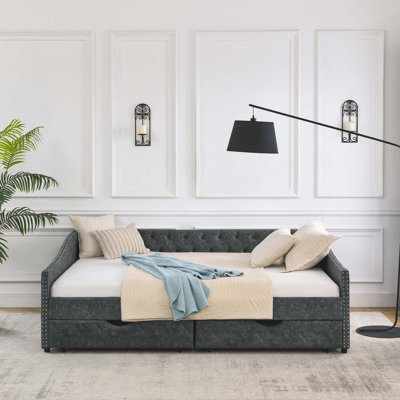 Queen Size Daybed With Drawers Upholstered Tufted Sofa Bed,With Button On Back And Nail On Waved Shape Arms (84.5"X63.5"X26.5") by Rosdorf Park