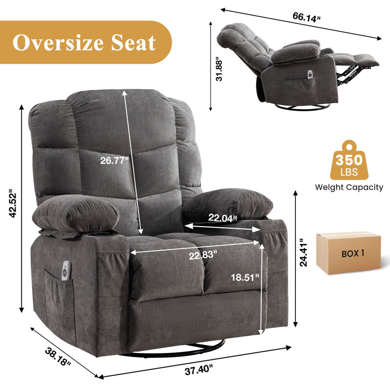Oversized 360° Swivel Rocker Recliner Chair With 8-Point Vibration Massage & Lumbar Heating - Usb Charge Port, Cup Holders & Side Pockets For Living Room, 350Lb Capacity