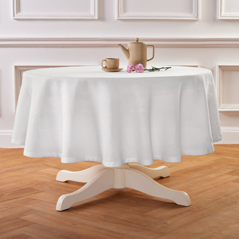 Sonoma Hemstitch - 100% Pure Linen Round Tablecloth (Prewashed), White, 60" Round