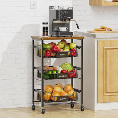 3-Tier Pull-Out Basket Storage Cart with Wood Look Top, Heavy Duty Metal Kitchen Organizer for Fruits, Vegetables, Pantry & Bathroom