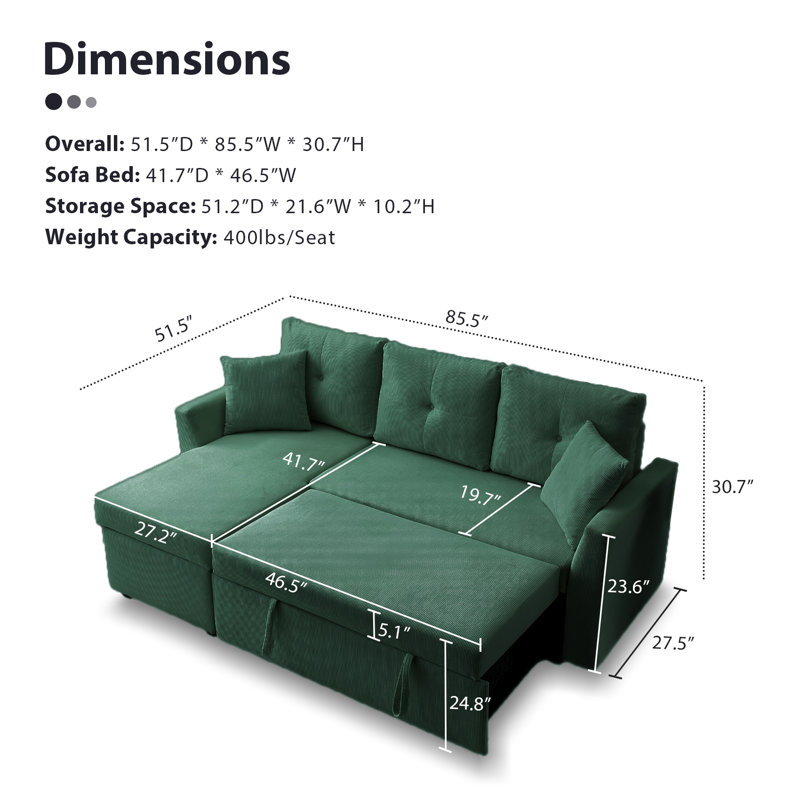 Canapé-lit modulaire en L 85,5 po, Vert