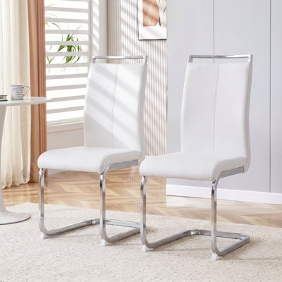 Modern Faux Leather Cantilever Dining Chairs with Chrome Base and Metal Handle (Set of 2)