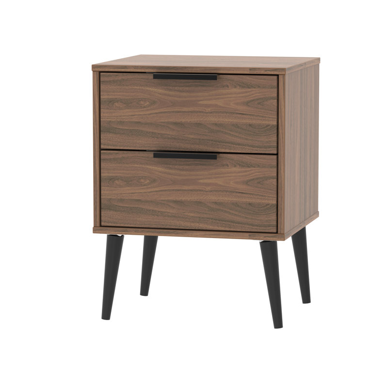 Fully Assembled Euart 2 Drawer Bedside Table, Black/Carini Walnut