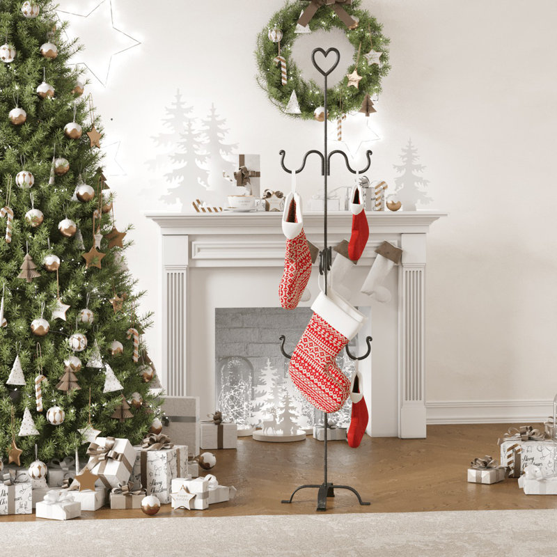 Black Wrought Iron Freestanding Christmas Stocking Holder with Hooks