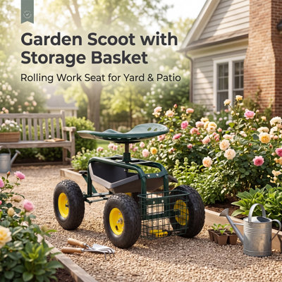 Garden Cart Rolling Wagon Scooter for Planting Swivel Work Seat with Tool Storage Utility Basket, Garden Scooter with 10" inch Wheel for Garden