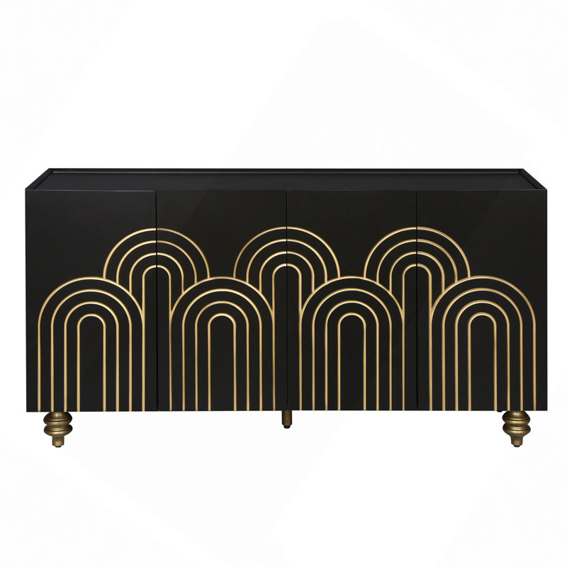 Modern Fluted Sideboard Buffet With Storage, Curve Element With Strict Lines, 4 Doors Storage Cabinet With Adjustable Shelves For Kitchen, Dining Room, Living Room