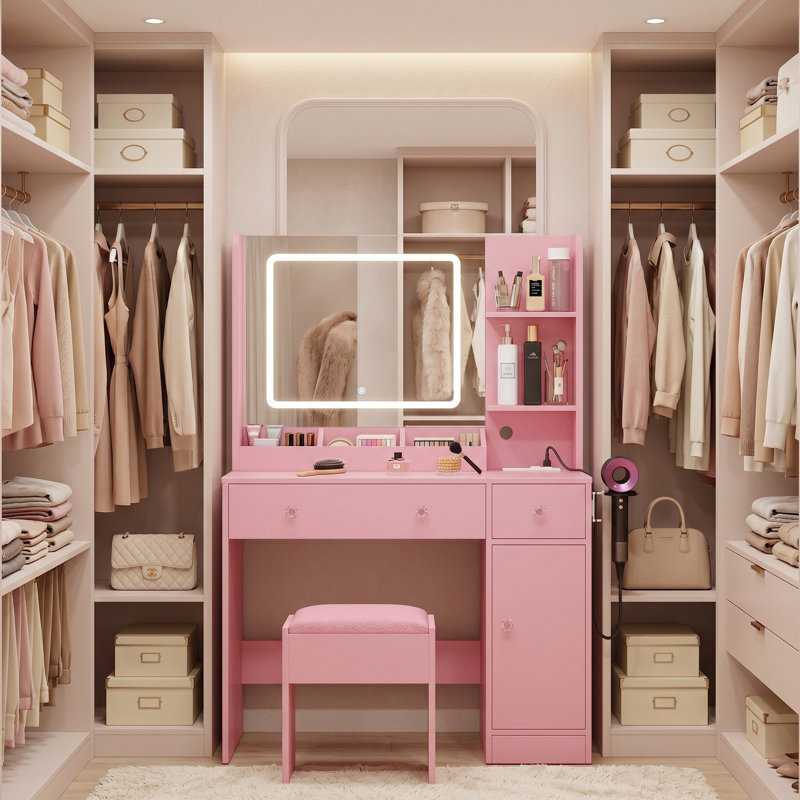 Makeup Vanity Dressing Table with Lighted Mirror & Power Outlet Charging Station, 3-Color Lighting, Drawers & Storage Cabinet