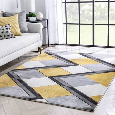 Black and yellow zig zag lines square rug