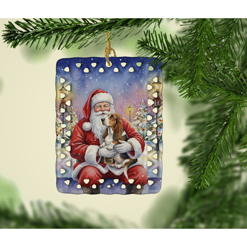 Ornement en porcelaine Basset hound avec père Noël, Basset Hound