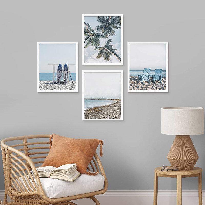 «Surfboard Tropical Palm Tree Beach Shore», reproduction encadrée de 4 pièces, H 14 po x l 11 po x P 1 po, Cadre blanc