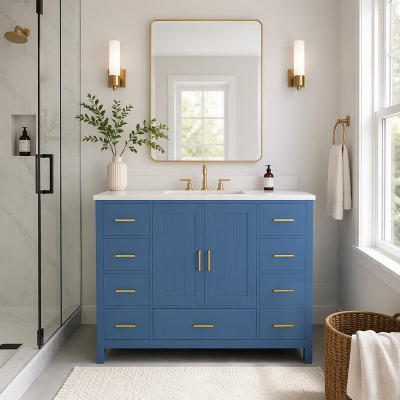 Base de meuble-lavabo durable avec portes à fermeture douce, 9 tiroirs et bois résistant à l'eau, Blue, 42" W
