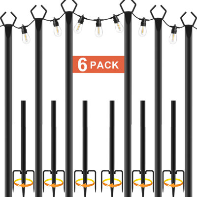 6 Pack String Light Poles, Outdoor String Light Pole 10 ft Forked Metal Light Pole with Adjustable Outdoor Light Stand, Deck, Backyard, Garden, Wedding, Rustproof and Sturdy with Hooks.
