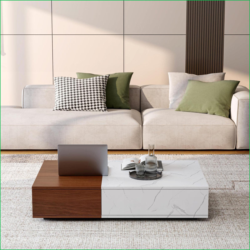 Table basse en placage de marbre noyer avec 2 espaces de rangement, peu encombrante pour le salon