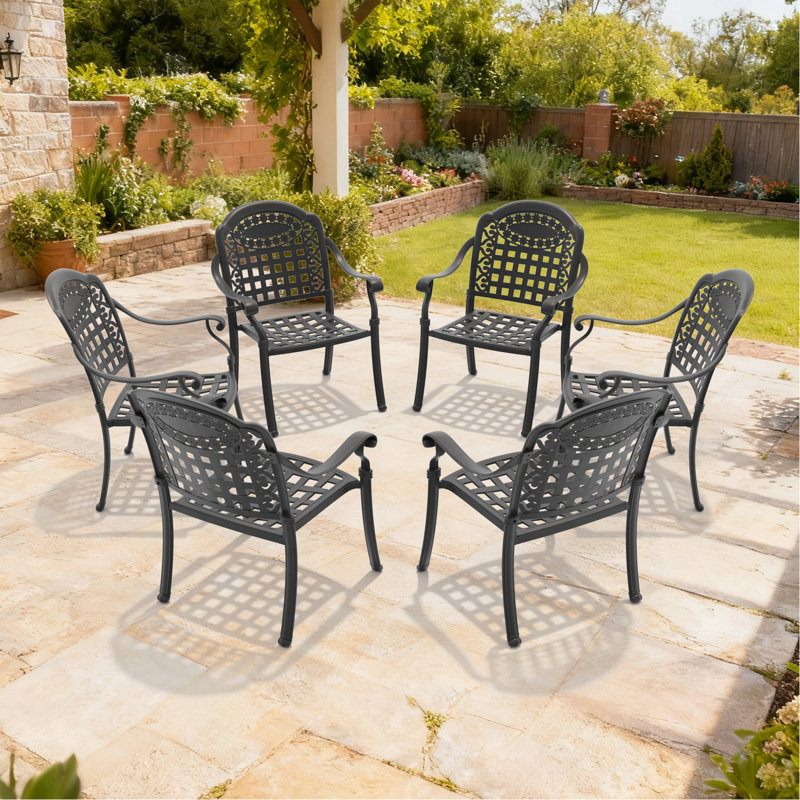 Chaise de patio en aluminium 6 pièces avec cadre noir et coussins bleus