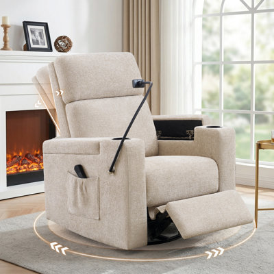 Zisel Power Recliner Chair, Swivel Reclining Nursery Rockers For Baby Room & Living Room With Chenille, Phone Holder, USB/Type-C Ports, Arm Storage, Light Brown
