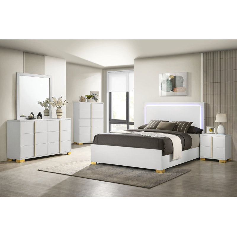 Ensemble de chambre avec grand lit 5 pièces Sabrielle, Grand, Blanc, 5 Pcs: Bed, Nightstand, 2 Dressers, Mirror