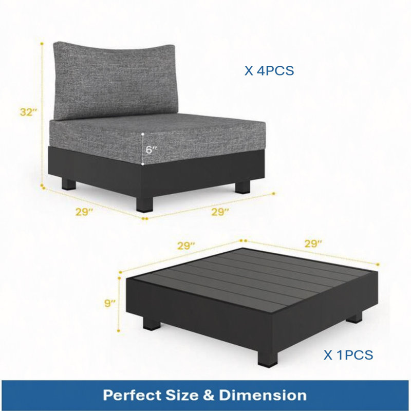 Ensemble modulaire de patio en aluminium 5 pièces avec chaises modulaires et table basse