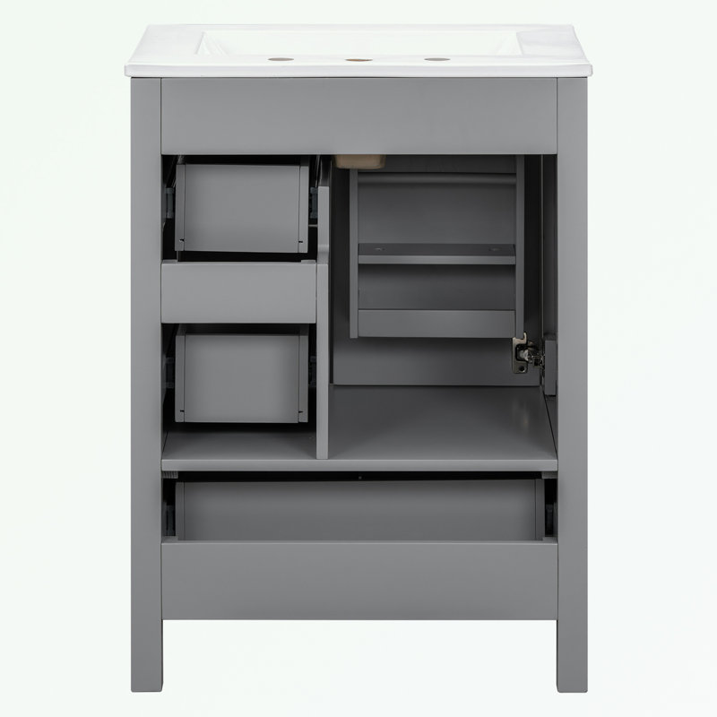 Meuble-lavabo de salle de bain avec lavabo en céramique, tablette de porte double couche et 3 tiroirs, Gris / Noir