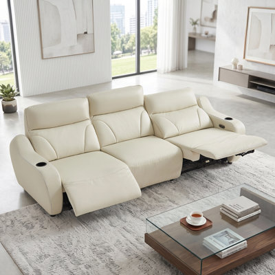 Canapé de massage inclinable électrique de luxe en cuir véritable avec lumières DEL colorées pour accoudoirs, télécommande, porte-gobelets et recharge USB, beige