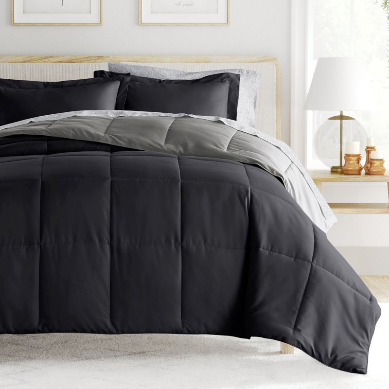 7-Piece Reversible Bedding Bundle - Solid Comforter and Patterned Sheet Set, Black, King Comforter + 1 Additional Piece