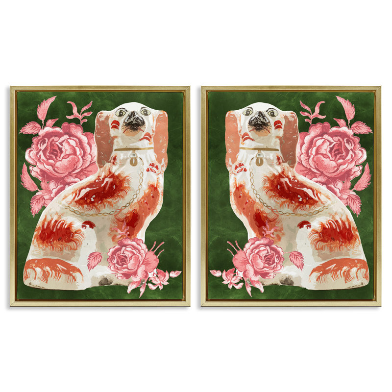 Ensemble de 2 toiles flottantes victoriennes en céramique sur fond vert, par Lil 'Rue, 31" H x 25" W