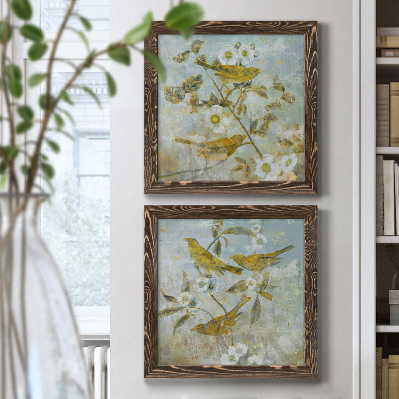 Aviaire jardin I - ensemble de 2 peintures sur toile encadrées, Encadré de bois de noyer, H 20 po x l 40 po x P 1,5 po