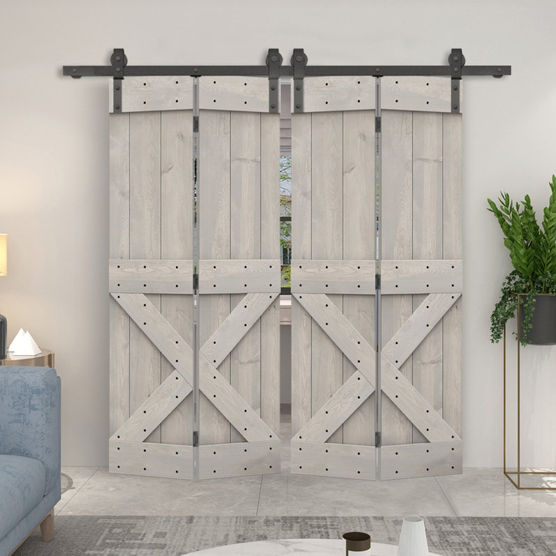 Porte de grange en bois 84 pliable avec trousse de quincaillerie d'installation, 60 po x 84 po, Gris argenté