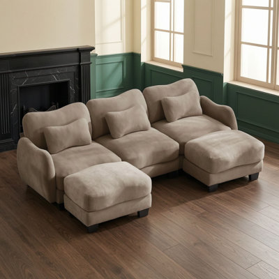 Sectional Sofa with Two Movable Ottomans and Three Lumbar Pillows