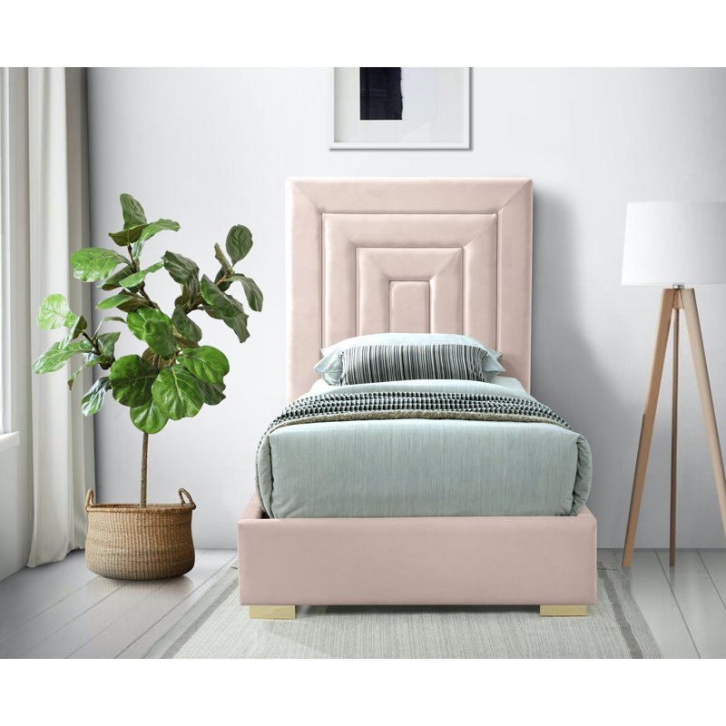 Nora Upholstered Low Profile Platform Bed, Pink Velvet, Twin