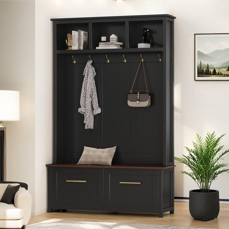 4-in-1 Hall Tree with 6 Golden Hooks, Wood Grain Bench with 2 Drawers and Storage, Black, Black/Brown 1