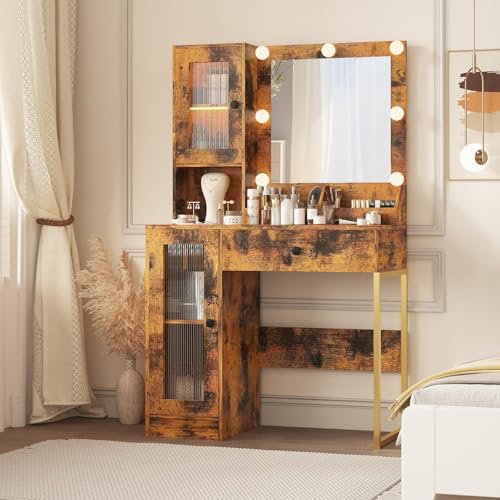 Makeup Vanity Desk with Mirror & Adjustable LED Lights, Modern Vanity Table with Open Shelves & Acrylic-Door Cabinets