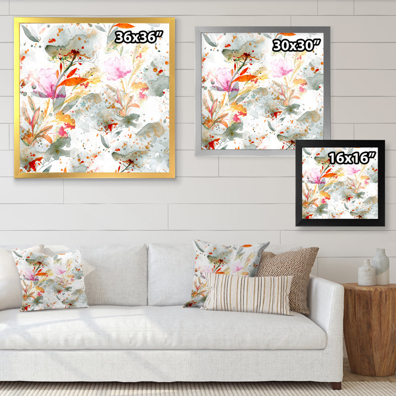 Herbe et plumes en couleurs d'automne I - Peinture sur toile, H 17,5 po x l 17,5 po, Cadre argenté