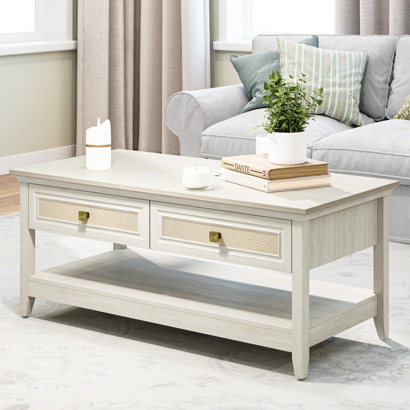 Coffee Table with Natural Rattan Decoration, Grayish White