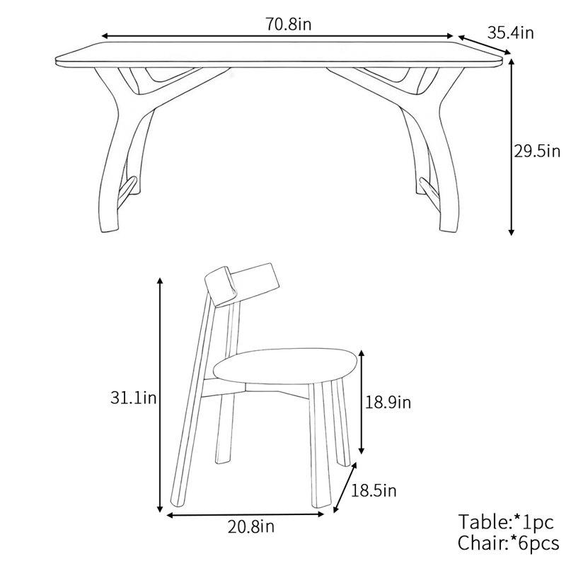 French modern simple rectangular dining table set, 29.5"H x 70.8"L x 35.4"W