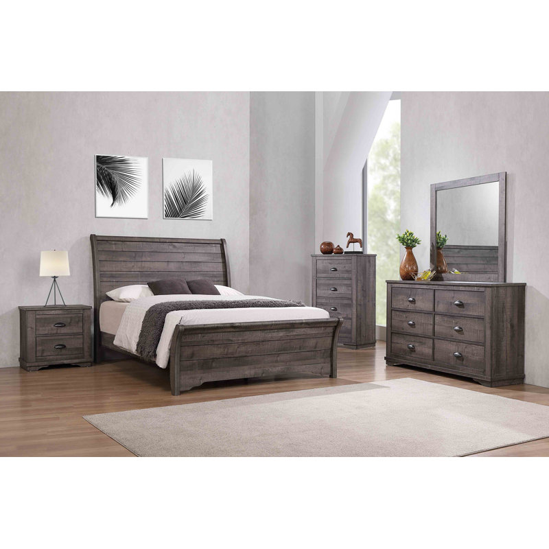 Ermel 5-1_Brianne Sleigh Bedroom Set, Gray, Queen, 4pieces:Bed, Dresser Mirror,Chest, Slat