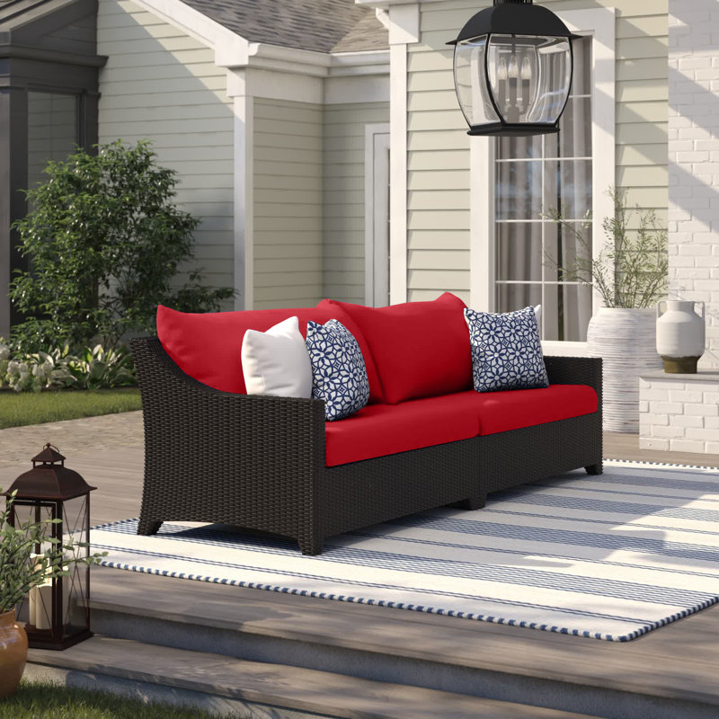 Fionnula 96" Wide Wicker Patio Sofa With Sunbrella Cushion Covers, Canvas Jockey Red Sunbrella® Canvas